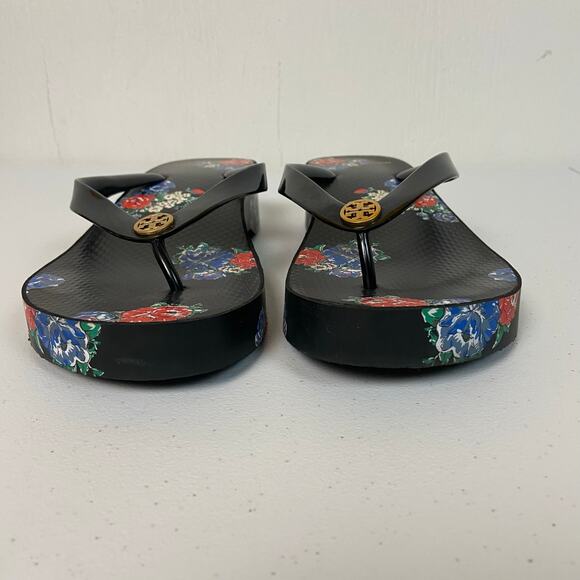 Tory Burch Cut Out Wedge Flip Flop Toe Post Sandals Shoes Black Tea Rose - Picture 3 of 9